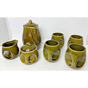 Vintage 1970's MCM JAPAN 9 Piece TEA SET Avocado Green OWL EYE Abstract Handles